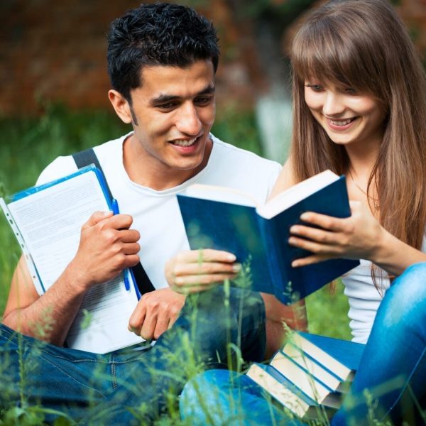 Two students studying in park on grass